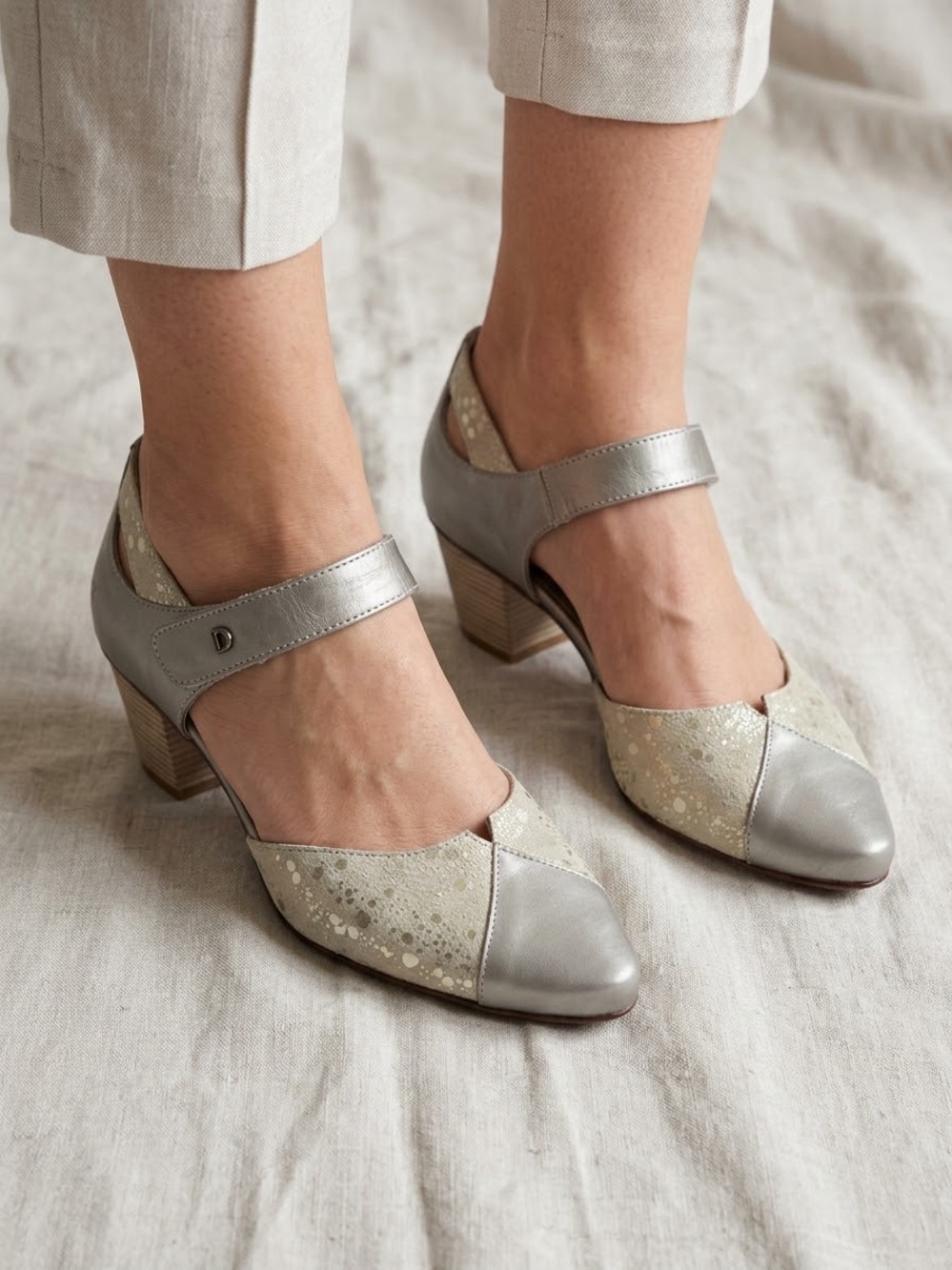 DorKing by Fluchos leather women’s Silver Mary Jane Block Heels with Patterned